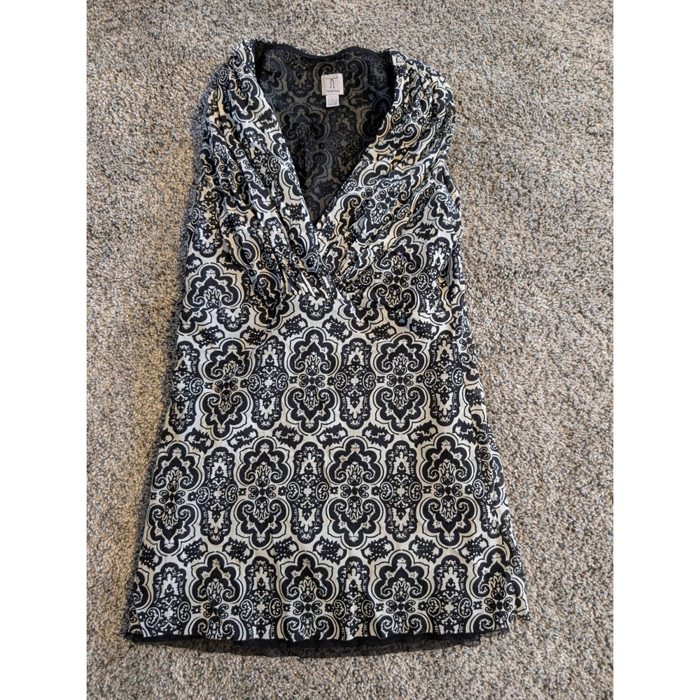 Y2K Tristan‎ Black White Damask Pattern Sleeveless V Neck Sheer Overlay Shirt XS